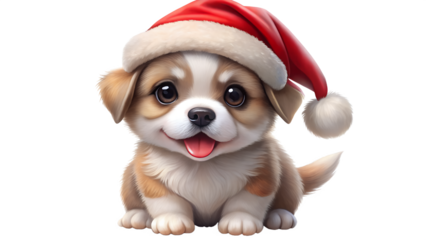 A cute puppy wearing a santa hat isolated on transparent background