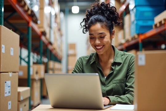 Female Entrepreneur in a Warehouse Office Surrounded by Colorful Shipping Boxes, Hard at Work on Laptop