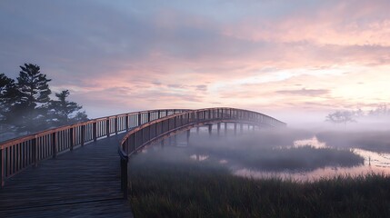 A curved wooden pedestrian bridge crossing a marshland with mist rising at dawn