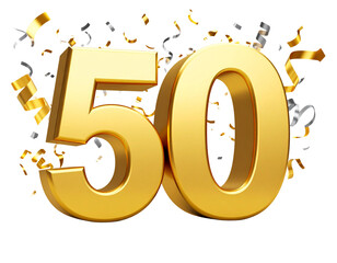 Elegant Golden 3D 50 Number with Confetti for Milestone Anniversary PNG