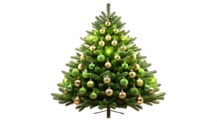A christmas tree decorated with ornaments isolated on transparent background