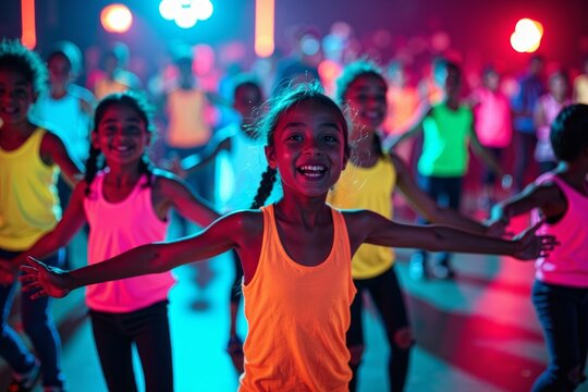 Neon-Clad Kids Dancing in Synchronized Movements Captured from Above with Vibrant Aerial Shots