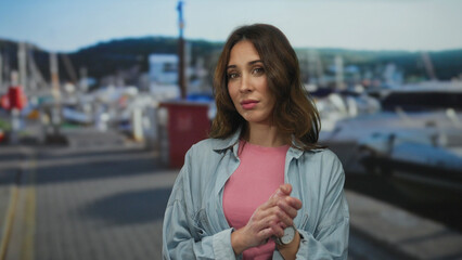 Hispanic woman clapping in a seaside port with boats under a clear sky provides an engaging scene...