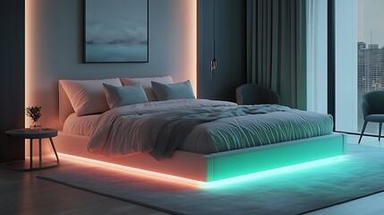 Illuminated bed in modern bedroom with city view and minimalist furniture