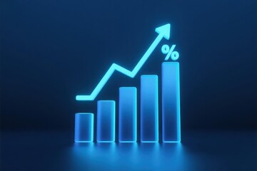 Glowing blue neon bar chart with an upward arrow and percentage symbol indicating financial growth and success