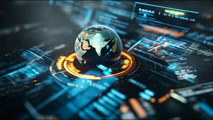 digital globe surrounded by glowing data elements and futuristic technology - Powered by Adobe