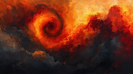 A swirling vortex of fiery clouds against a backdrop of dark, textured clouds.