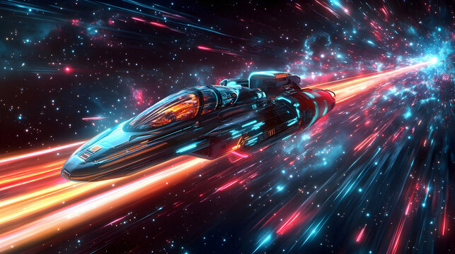 Futuristic spaceship traveling through cosmic warp tunnel in dazzling space scene