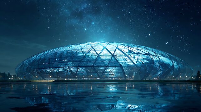 A futuristic glass-domed sports stadium glowing under a starry nighttime sky