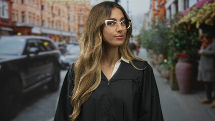 Woman wearing judge robes stands on street; authority justice.