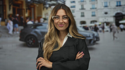 Woman judge in judicial robe crosses arms with composed gaze on marble courthouse steps; confidence...