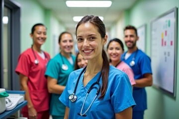 Nursing student and team pose in hospital setting wearing colorful scrubs and holding stethoscopes, surrounded by medical equipment and charts.