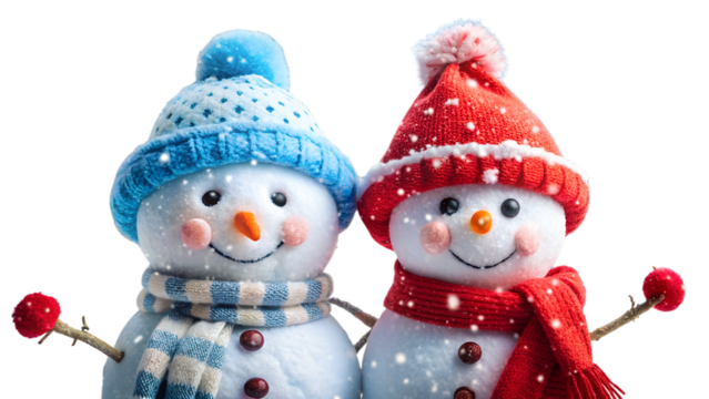 Two adorable snowmen are standing isolated on transparent background - Powered by Adobe