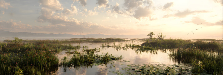 Golden Hour Embrace: Tranquility and Harmony in the Wetland Reaches at Dusk