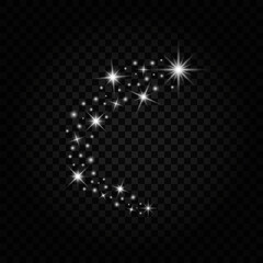 Vector sparkles on transparent background. Festive sparkling white dust. Light effect for design. Glowing lens flares, flashes and stars design element 