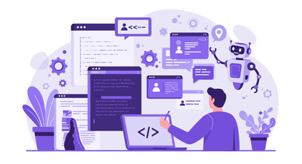 Flat design coding workspace with chatbot and interactive elements