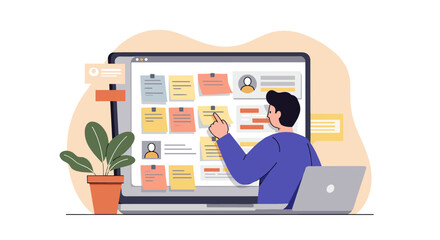 Fototapeta premium Digital task management concept with notes and laptop in a minimalist workspace