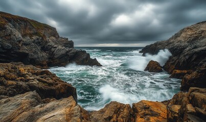 Obraz premium dramatic rocky coastline with waves crashing, overcast sky, rugged natural textures, high realism 