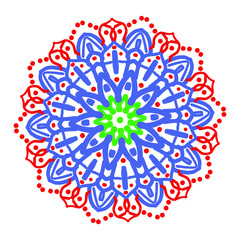 Vibrant Hand-Drawn Mandala Illustration with Blue, Red, and Green Elements for Coloring Pages