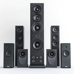 Fototapeta premium A set of high-end home theater speakers, with multiple speaker models stacked on top of each other to form a pyramid shape. The background is white,
