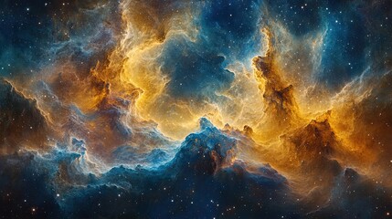 Fototapeta premium Celestial nebulae in vibrant hues of gold and azure.