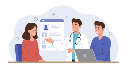 Friendly medical consultation with doctor and patients in modern flat style