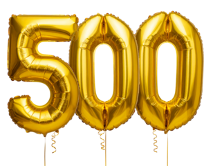Elegant Golden Number 500 Foil Balloons with Ribbon Strings, isolated on transparent background PNG