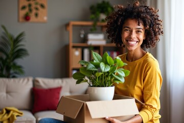 Woman Smiling and Holding a Plant in a Cardboard Box in her Cozy Living Room