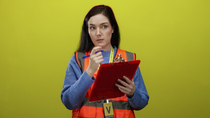 Woman volunteer writing notes on clipboard wearing orange vest against vibrant yellow background.