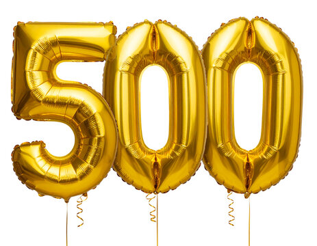 Elegant Golden Number 500 Foil Balloons with Ribbon Strings, isolated on transparent background PNG