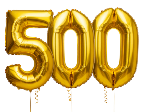 Elegant Golden Number 500 Foil Balloons with Ribbon Strings, isolated on transparent background PNG
