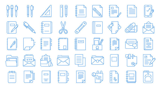 Essential office supplies set in blue line art style
