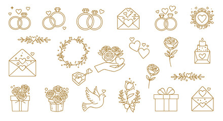 Elegant line art wedding icons set featuring rings, envelopes, flowers, and hearts