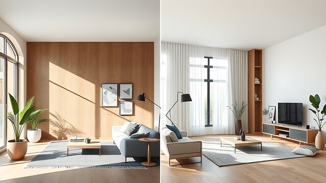 Two contrasting minimalist living spaces side by side, highlighting transformation in natural daylight.