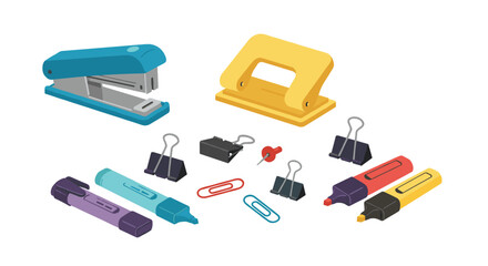 Colorful isometric office supplies on white background