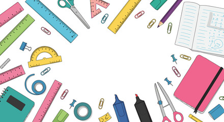 Colorful school supplies border on white background with scissors, rulers, and notebooks