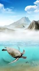 Fototapeta premium Underwater sea turtle in a mountain landscape.