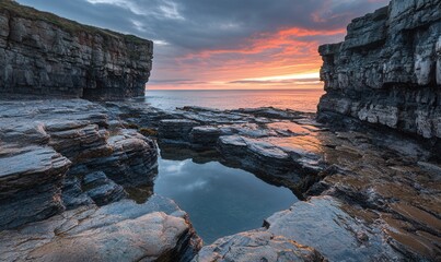 Fototapeta premium seaside cliffs at dawn, glowing sky, wet rocks reflecting light, detailed textures 