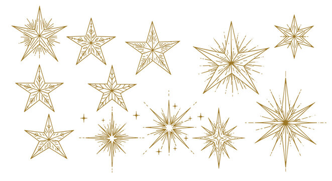 Elegant collection of geometric golden stars with ornamental designs