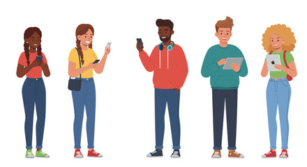 Fototapeta premium Diverse group of young people engaging with technology in casual attire