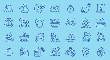 Naklejka premium Essential oil and spa icons collection in minimalist linear style