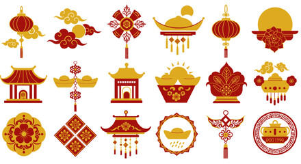 Traditional chinese new year symbols with red and gold motifs