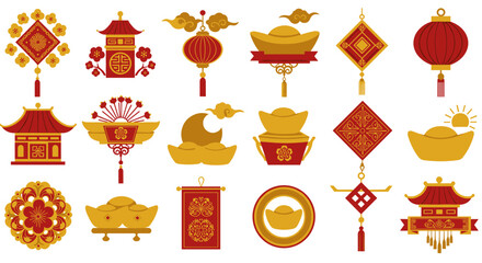 Gold and red traditional chinese symbols and decorations for festive celebrations