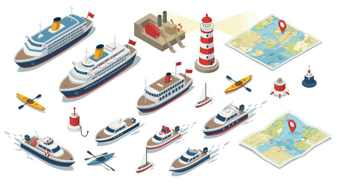 Isometric nautical scene with cruise ships, lighthouse, and maps