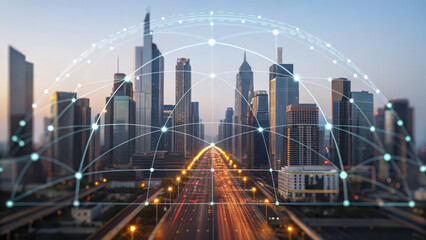 Obraz premium Futuristic cityscape with digital network overlay symbolizes global trade disruption and its impact on export economy