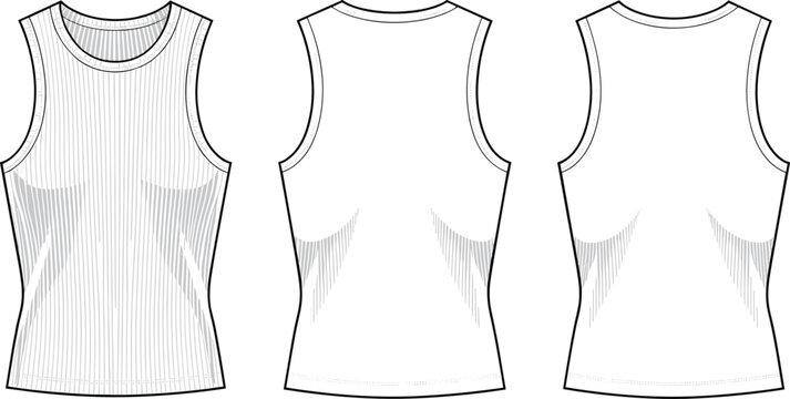 Women's ribbed tank top technical flat sketch, sleeveless athletic shirt front and back view, fitted workout wear design template