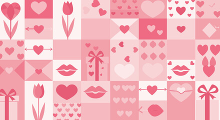 Seamless pink love pattern with hearts, lips, and gifts for valentine's day design