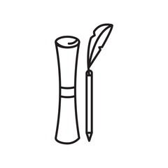 Outline icon of a scroll and quill pen symbolizing will and testament, legal document, inheritance, and estate planning.