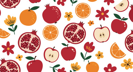 Colorful fruit and flower seamless pattern on white background