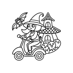 Fototapeta premium A Halloween witch riding a scooter with joy kids coloring book Vector illustration